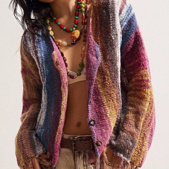 Multicolor Casual Women's colorful Ombre Striped Fringe Hem Cardigan - Picture 1 of 8